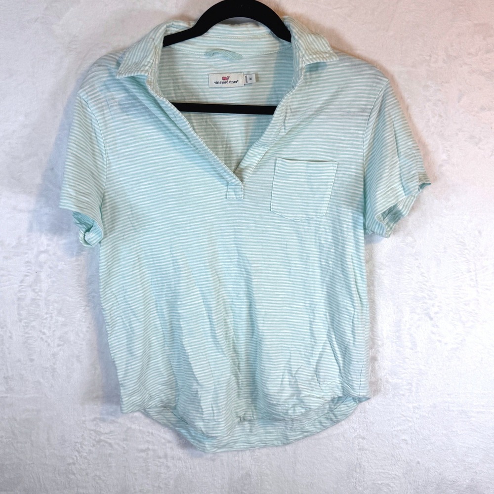 Vineyard Vines Polo Shirt Preppy Striped V-Neck Pocket Medium Mint Green Womens